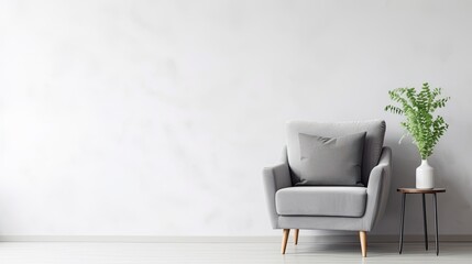 Modern interior with armchair and plant on white wall background