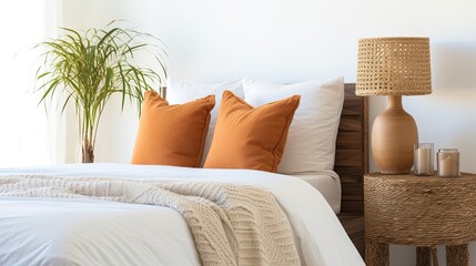 Modern bedroom interior design with white pillows and wooden bedside table  - Vintage Light Filter