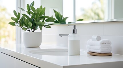 White bathroom interior with sink, mirror, towel and ficus