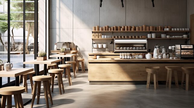 Interior of modern cafe with wooden walls, concrete floor, beige countertops and bar with stools