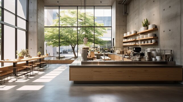 Interior of modern cafe with wooden walls, concrete floor, beige countertops and bar with stools