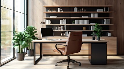 Interior of modern office with wooden walls, concrete floor, computer table and bookcase with folders - obrazy, fototapety, plakaty