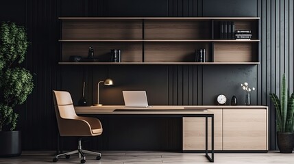 Interior of modern office with wooden walls, concrete floor, computer table and bookcase with folders - obrazy, fototapety, plakaty