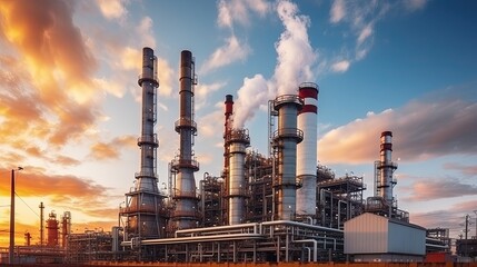Petrochemical plant with blue sky and clouds - industrial background - obrazy, fototapety, plakaty