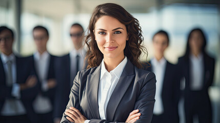 Confident young business manager woman with folded arms and smiling standing in front of other group team employees business colleagues created with Generative AI Technology - obrazy, fototapety, plakaty