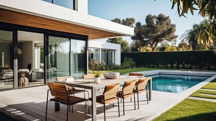 Fototapeta premium Luxury house with swimming pool, view from the terrace