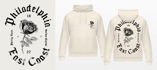 Art design of urban fusion, white hoodie and template, urban philadelphia design that blends rose ant gothics fonts, victorian illustration Gothic font, gang art - obrazy, fototapety, plakaty