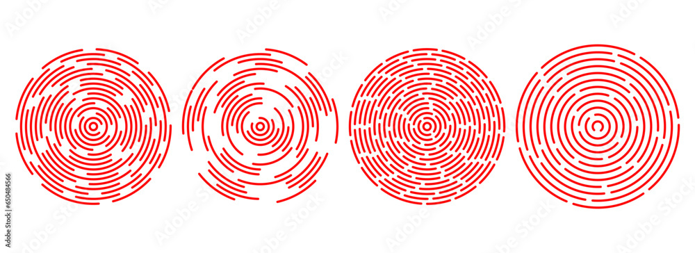 Poster Red concentric ripple circles set. Sonar or sound linear wave rings collection. Epicentre, target, radar icon concept. Radial signal or vibration elements. Halftone line vector illustration