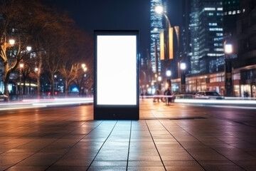 Long exposure nightscape of white board or billboard mockup in office building and public area people walking. commercial concept of ads and advertisement.