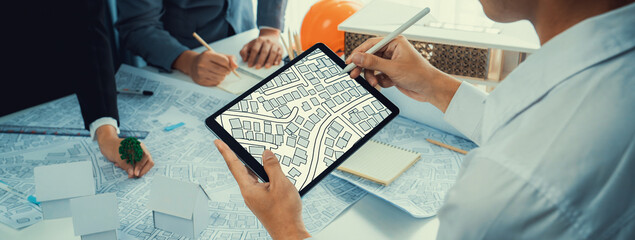 Worker, architect and engineer work on real estate construction project oratory planning with cartography and cadastral map of urban town area to guide to construction developer business plan of city - obrazy, fototapety, plakaty