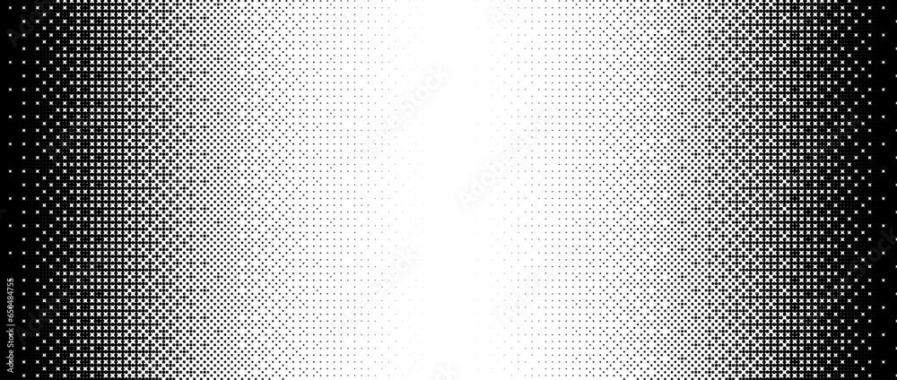 Poster Pixelated bitmap gradient texture. Black and white dither pattern background. Abstract glitchy pattern. 8 bit video game screen wallpaper. Pixel art retro Illustration. Vector wide border