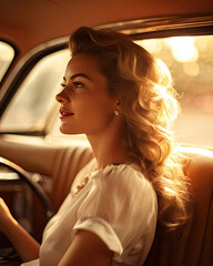 graceful middle aged woman driving a retro style vintage car with beautiful soft bokeh on golden sunset lights  created with Generative AI Technology - obrazy, fototapety, plakaty