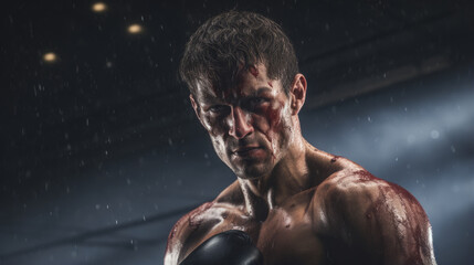 A muscular boxer in a ring boxing match throws a powerful punch with sweat dripping down his skin created with Generative AI Technology  - obrazy, fototapety, plakaty