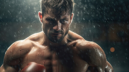 A muscular boxer in a ring boxing match throws a powerful punch with sweat dripping down his skin created with Generative AI Technology  