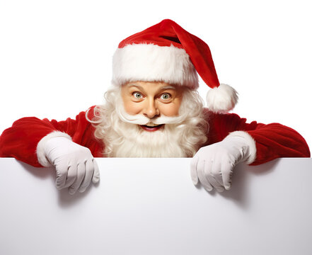 santa claus peeking out from behind a blank panel on a white background, generative AI