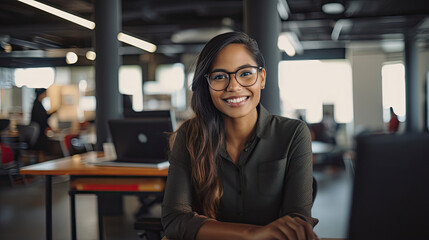 a female worker in glasses smiles and sitting working with a computer in a startup office created with Generative AI Technology