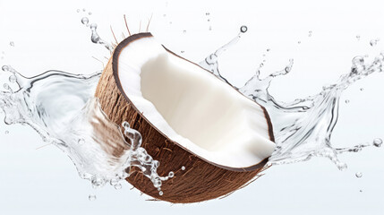 A stream of coconut milk flows out slowly and vertically from a sloping coconut shell on a white background  created with Generative AI Technology - obrazy, fototapety, plakaty