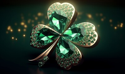 Lucky clover shaped sparkling diamond emerald. Crystal ornate jewelry design. Intricate luxury green gem. St. Patrick's Day, Generative AI  - obrazy, fototapety, plakaty