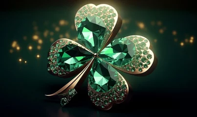 Poster Lucky clover shaped sparkling diamond emerald. Crystal ornate jewelry design. Intricate luxury green gem. St. Patrick's Day, Generative AI  © Ashutosh