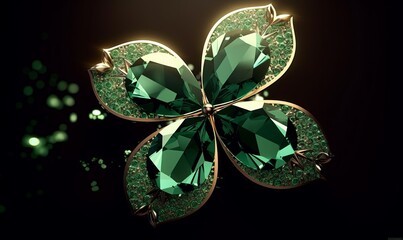 Lucky clover shaped sparkling diamond emerald. Crystal ornate jewelry design. Intricate luxury green gem. St. Patrick's Day, Generative AI  - obrazy, fototapety, plakaty