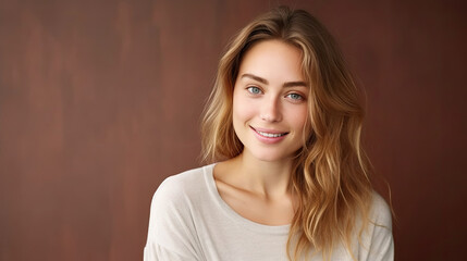 Fototapeta premium Beautiful smiling happy female model with dark eyes, long brown hair, casually dressed, looking satisfied at camera on studio wall with empty space for text created with Generative AI Technology