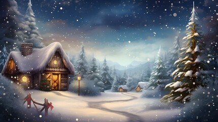 Naklejka premium winter landscape with cabin and tree