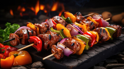 BBQ shashlik kebab with skewers mixed sliced meat and paprika vegetables grilled on hot coals on a dark background created with Generative AI Technology