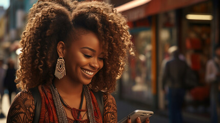 Beautiful smiling African woman wearing traditional African shirt design pattern thinking holding smartphone on street created with Generative AI Technology