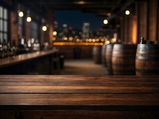 empty wood table top,  wine beer drink display,  winery barrel keg bokeh, blur background
