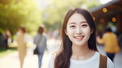 Young attractive asian woman smiling and looking at camera on outdoor university background.