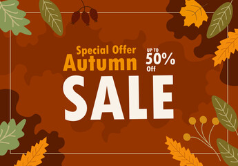 Autum sale leaves collection pattern Vector.Discount 50%.Special offer sale template.