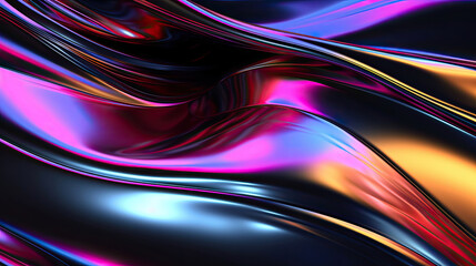 Dark black holographic liquid metal metallic foil rainbow light reflection abstract background 3d render created with Generative AI Technology - obrazy, fototapety, plakaty