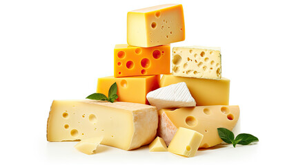 Slices of various types of delicious cheese on a white background created with Generative AI Technology