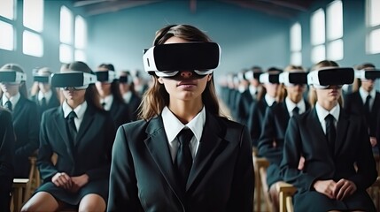 educational innovation Female student in virtual reality glasses joins teacher during lesson in bright classroom at school - obrazy, fototapety, plakaty