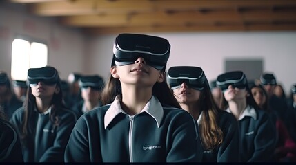 educational innovation Female student in virtual reality glasses joins teacher during lesson in bright classroom at school