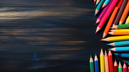 Colorful crayons on the blackboard, drawing. Back to school background. - obrazy, fototapety, plakaty
