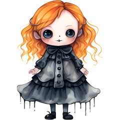 Single orange hair and dark black dress Halloween Horror Doll illustration
