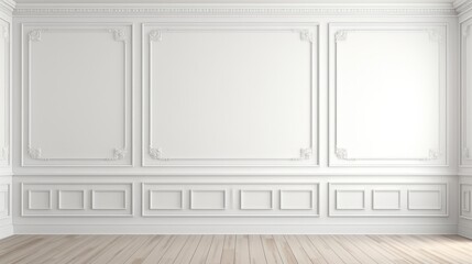 Modern classic white empty interior with wall panels molding and wooden floor, 3d illustration.