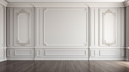 Modern classic white empty interior with wall panels molding and wooden floor, 3d illustration. - obrazy, fototapety, plakaty