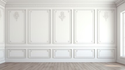 Modern classic white empty interior with wall panels molding and wooden floor, 3d illustration.