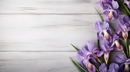 Blooming spring flowers Fresh purple Irises on soft gray wooden table with empty space for text created with Generative AI Technology 