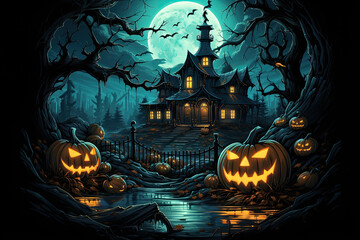Haunted House in a Dark Forest with a River and a Full Moon. Spooky and Mysterious Atmosphere.