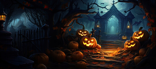 Dark and Eerie Forest with Glowing Pumpkins and a Gothic Castle. Spooky Halloween Themed Background.