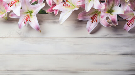 Blooming spring flowers Fresh pink Lilies on soft gray wooden table with empty space for text created with Generative AI Technology