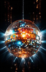 Obraz premium Disco Ball Emitting Bright Light Rays. A disco ball shines with intense beams of light on a dark background.