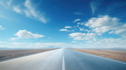 Fototapeta na wymiar Empty Road trip straight towards highway horizon clouds bright blue sky created with Generative AI Technology