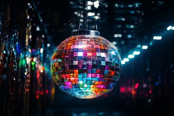Illustration of a shimmering disco ball suspended in a vibrant and illuminated setting created with Generative AI technology - obrazy, fototapety, plakaty