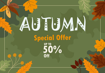 Autum sale leaves collection pattern Vector.Discount 50%.Special offer sale template.