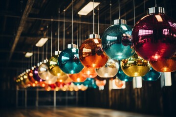 Colourful Disco Balls in a Party Setting.
A vibrant array of colourful disco balls in a festive party setting.