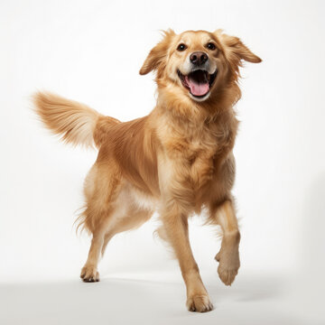The dog run and wags its tail happily on a white background